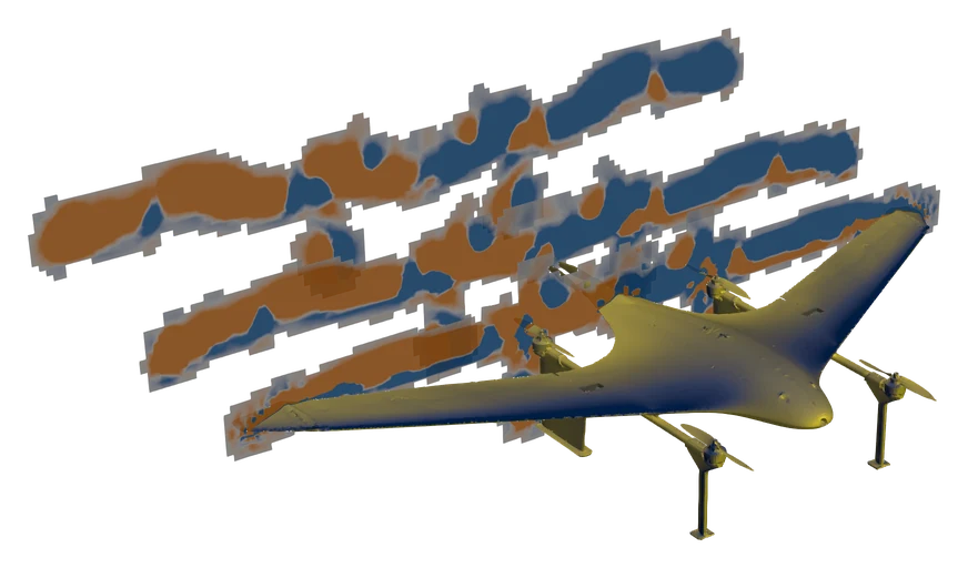 Three-quarter view of a flying-wing drone coloured by pressure coefficient, with streamwise vorticity cores trailing behind it on three wake planes.